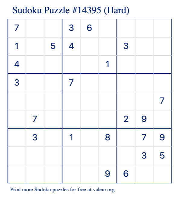 Free Printable Hard Sudoku Puzzle number 14395