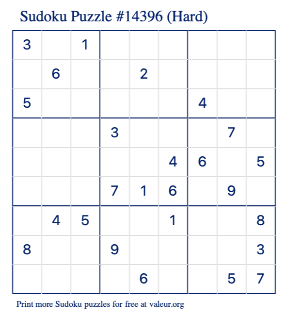 Free Printable Hard Sudoku Puzzle number 14396