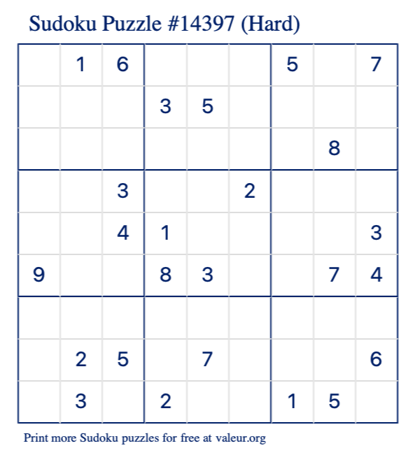 Free Printable Hard Sudoku Puzzle number 14397