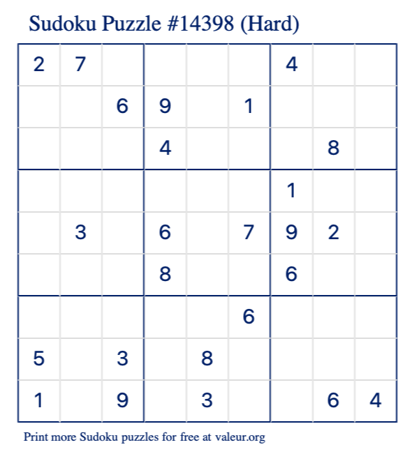 Free Printable Hard Sudoku Puzzle number 14398