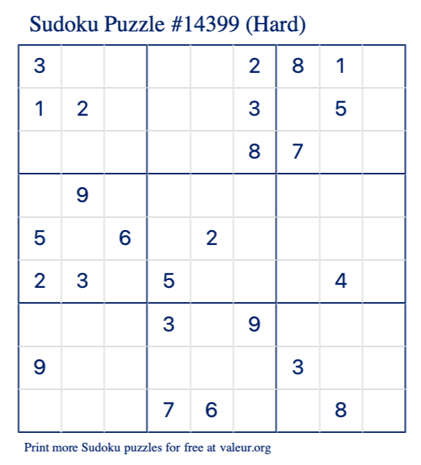 Free Printable Hard Sudoku Puzzle number 14399