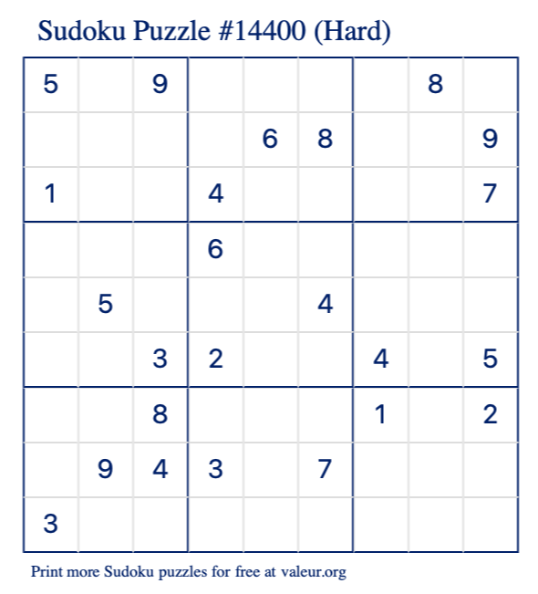 Free Printable Hard Sudoku Puzzle number 14400