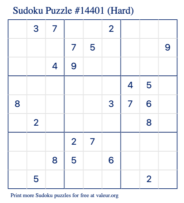 Free Printable Hard Sudoku Puzzle number 14401