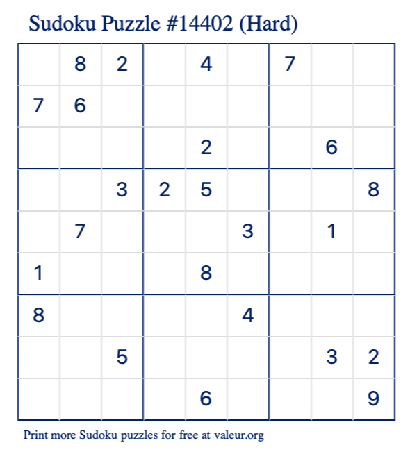 Free Printable Hard Sudoku Puzzle number 14402