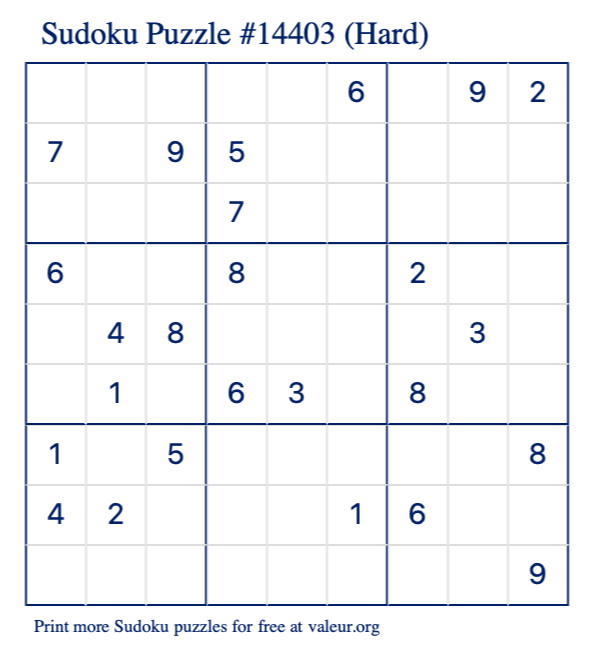 Free Printable Hard Sudoku Puzzle number 14403