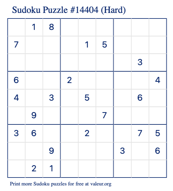 Free Printable Hard Sudoku Puzzle number 14404