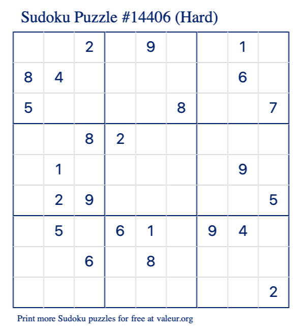 Free Printable Hard Sudoku Puzzle number 14406