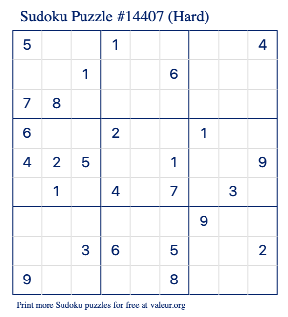 Free Printable Hard Sudoku Puzzle number 14407