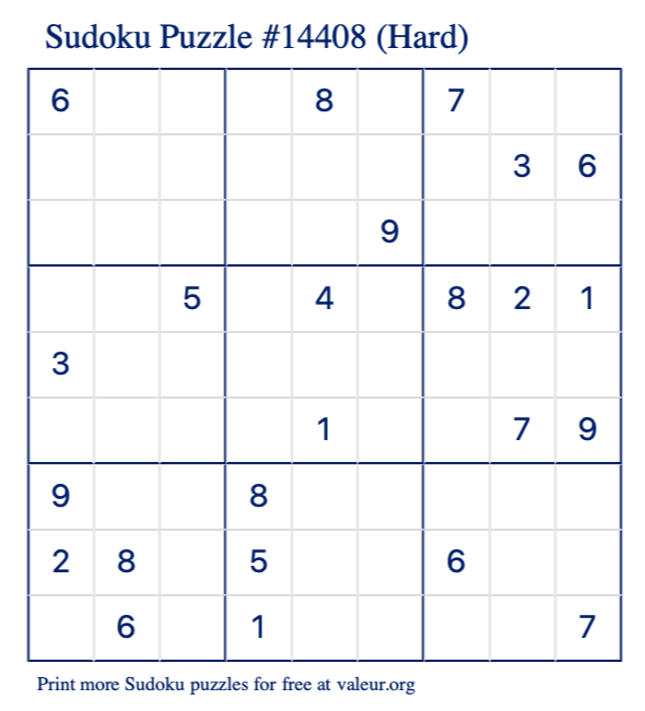 Free Printable Hard Sudoku Puzzle number 14408