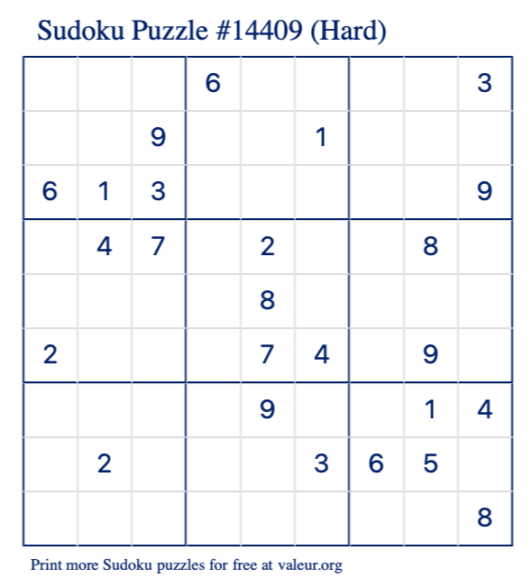 Free Printable Hard Sudoku Puzzle number 14409