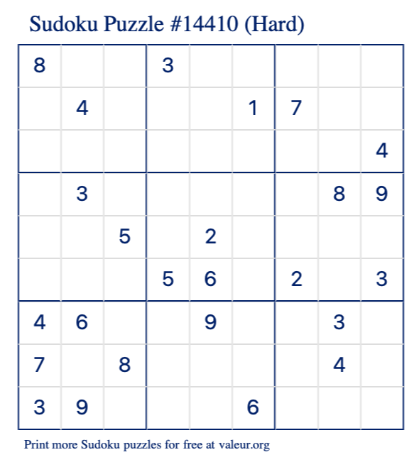 Free Printable Hard Sudoku Puzzle number 14410