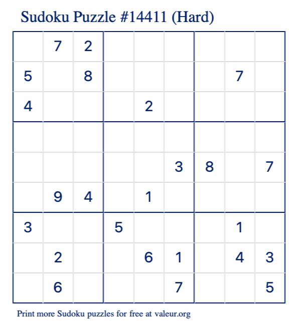 Free Printable Hard Sudoku Puzzle number 14411