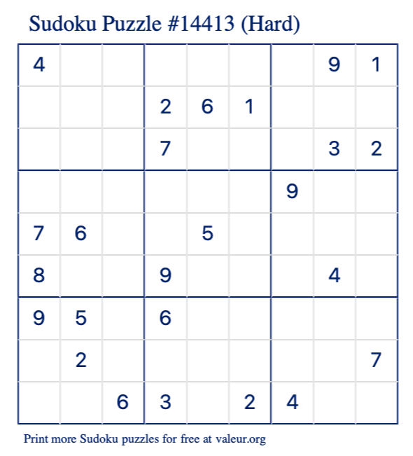 Free Printable Hard Sudoku Puzzle number 14413