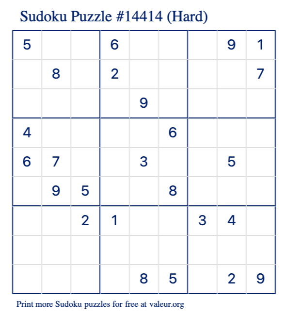 Free Printable Hard Sudoku Puzzle number 14414