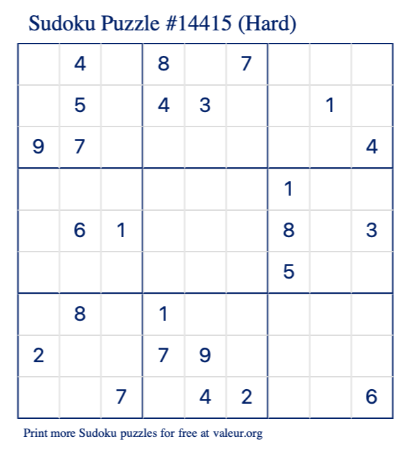 Free Printable Hard Sudoku Puzzle number 14415