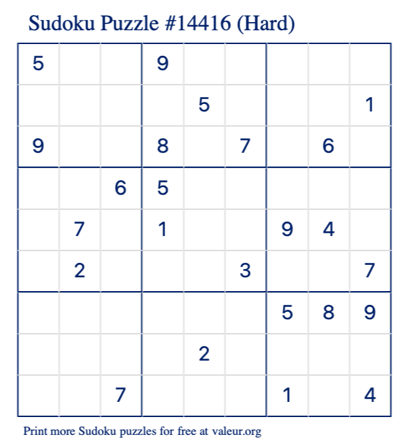 Free Printable Hard Sudoku Puzzle number 14416