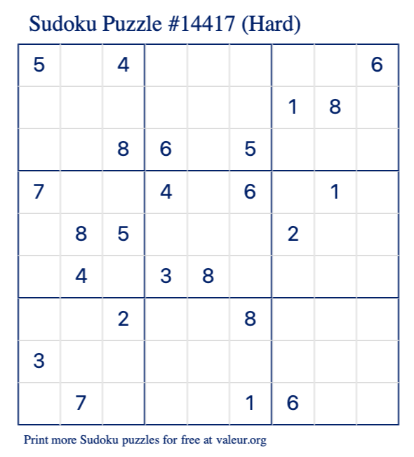 Free Printable Hard Sudoku Puzzle number 14417