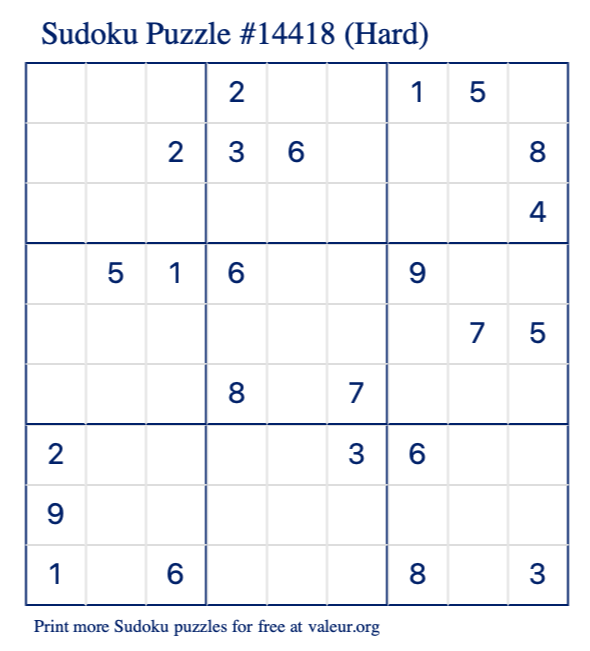 Free Printable Hard Sudoku Puzzle number 14418