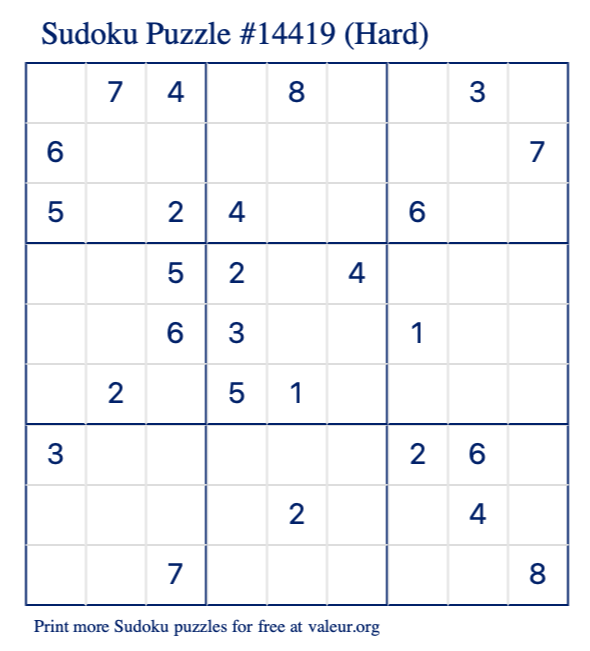 Free Printable Hard Sudoku Puzzle number 14419