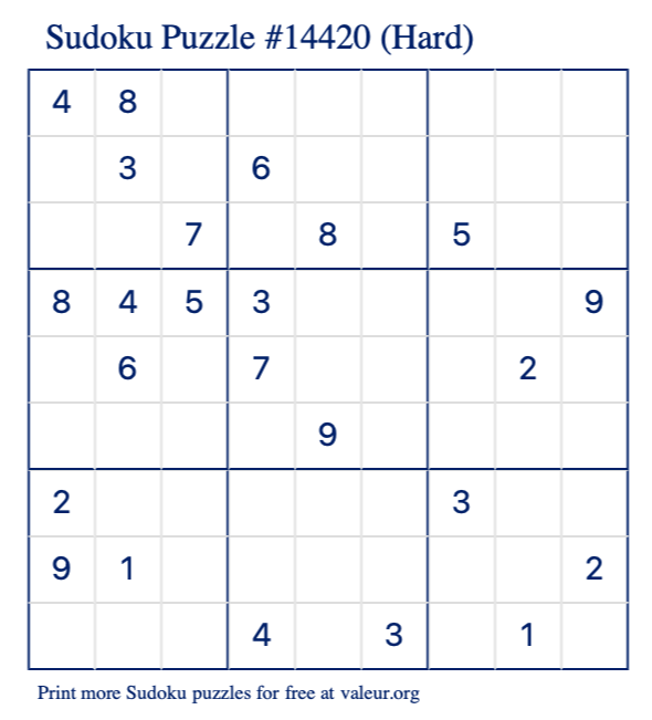 Free Printable Hard Sudoku Puzzle number 14420