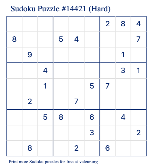 Free Printable Hard Sudoku Puzzle number 14421