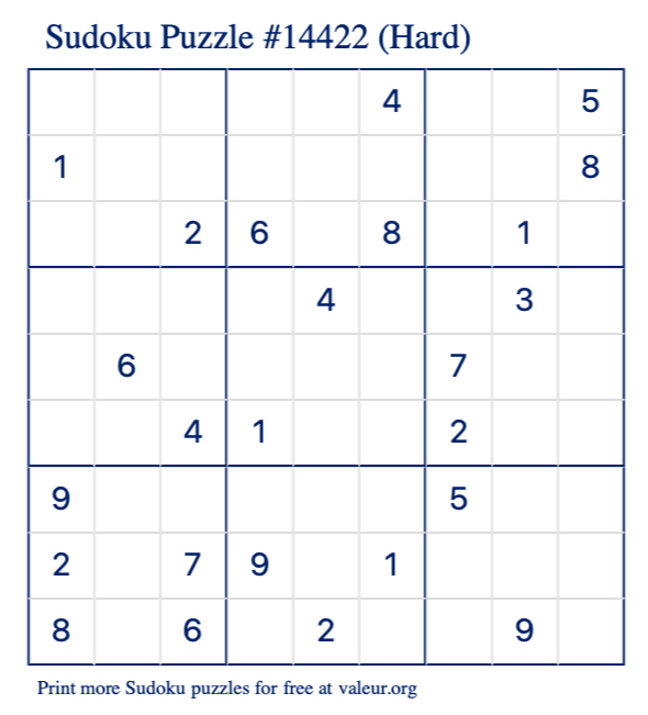 Free Printable Hard Sudoku Puzzle number 14422