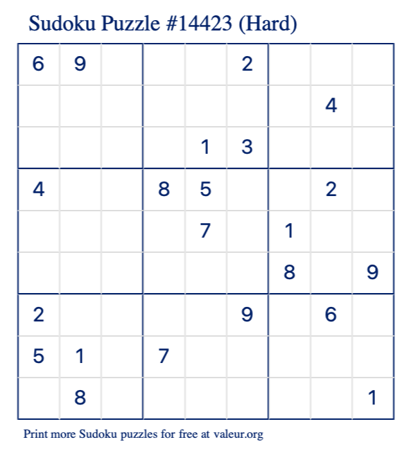 Free Printable Hard Sudoku Puzzle number 14423