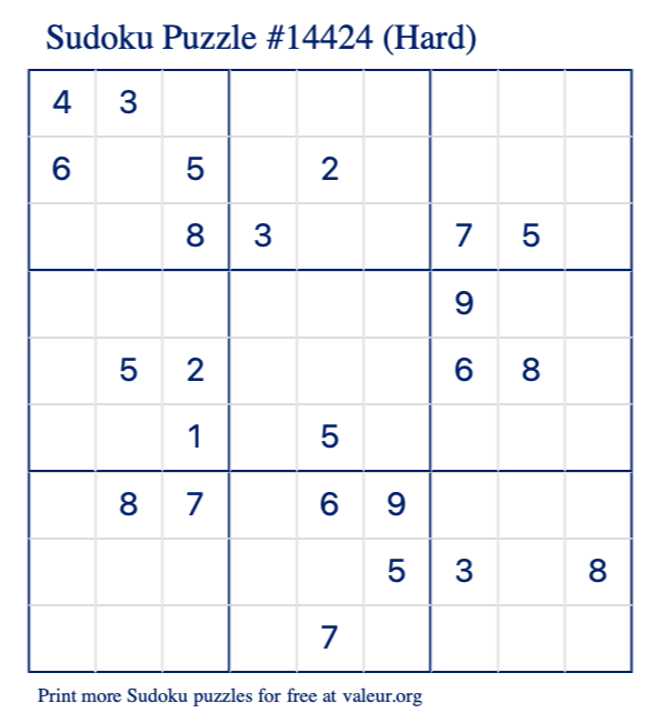 Free Printable Hard Sudoku Puzzle number 14424