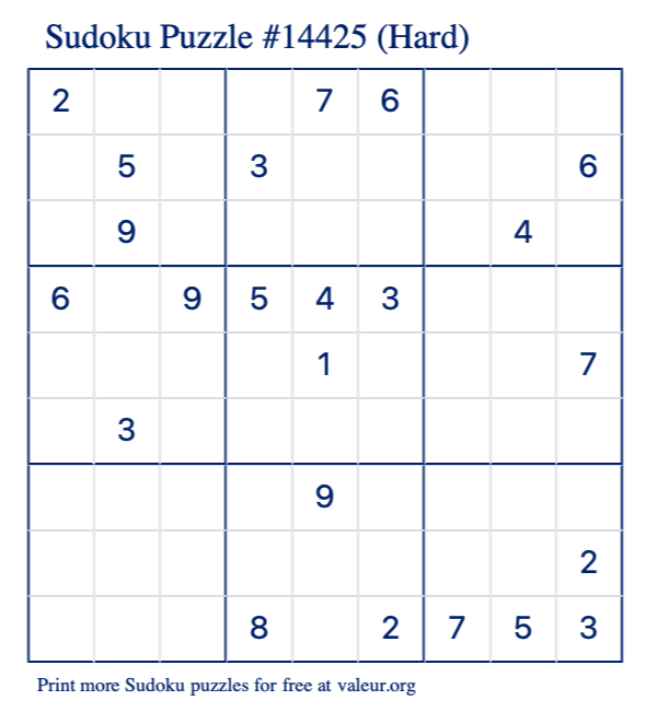 Free Printable Hard Sudoku Puzzle number 14425