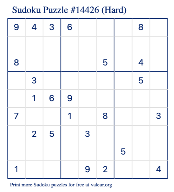 Free Printable Hard Sudoku Puzzle number 14426