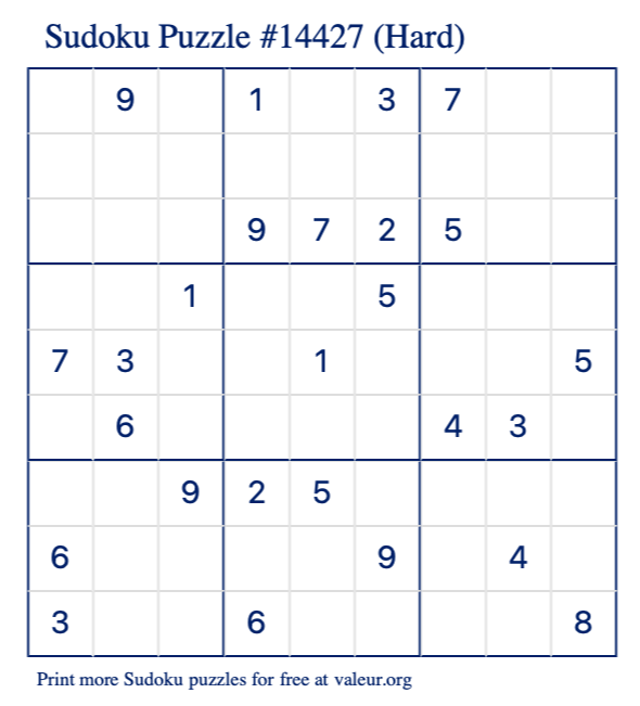 Free Printable Hard Sudoku Puzzle number 14427