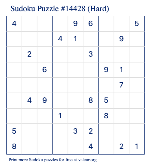 Free Printable Hard Sudoku Puzzle number 14428