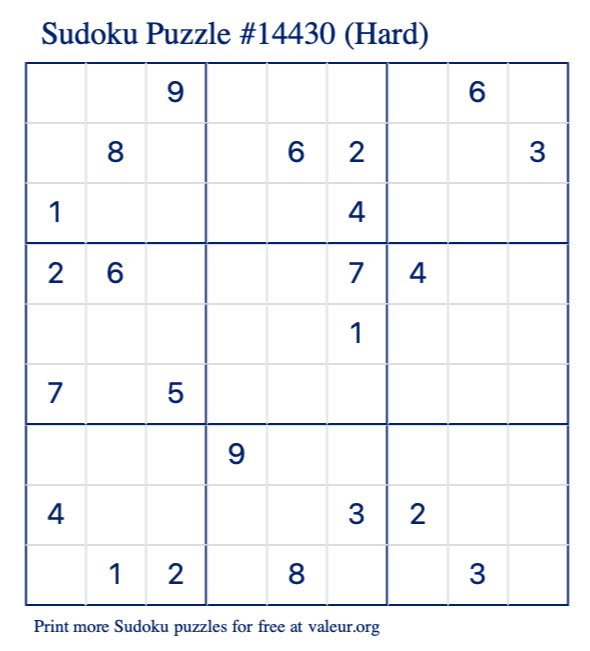 Free Printable Hard Sudoku Puzzle number 14430