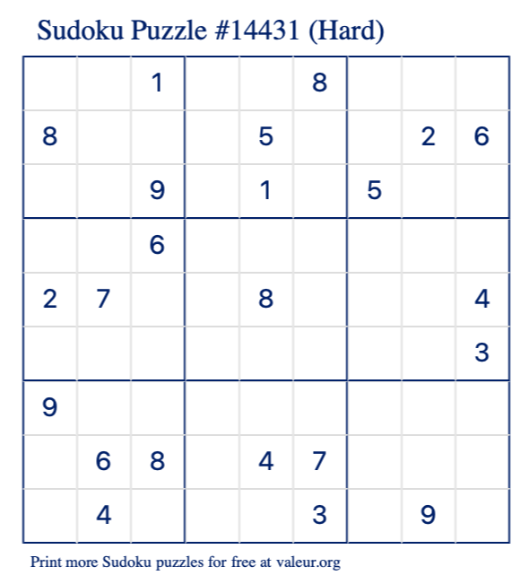 Free Printable Hard Sudoku Puzzle number 14431