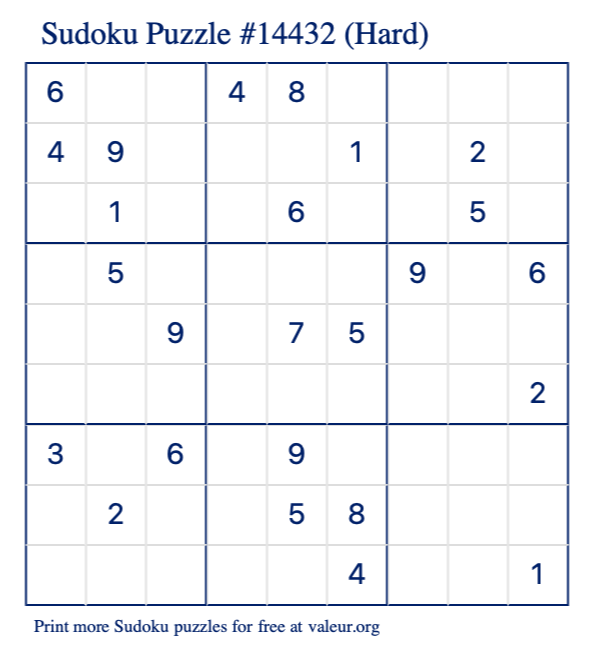 Free Printable Hard Sudoku Puzzle number 14432