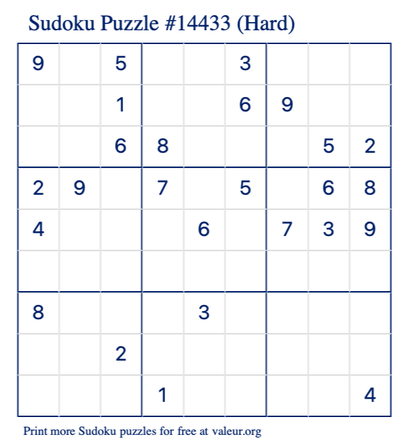 Free Printable Hard Sudoku Puzzle number 14433