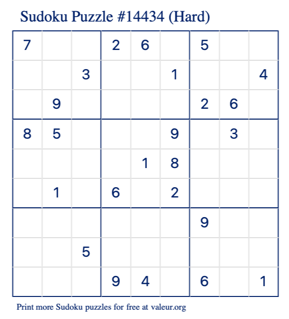 Free Printable Hard Sudoku Puzzle number 14434