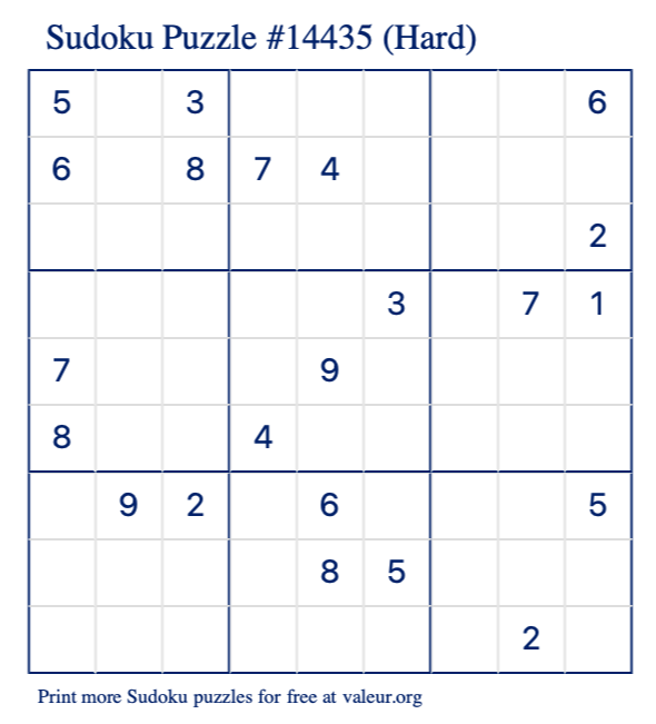 Free Printable Hard Sudoku Puzzle number 14435