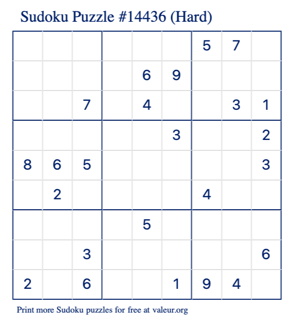 Free Printable Hard Sudoku Puzzle number 14436