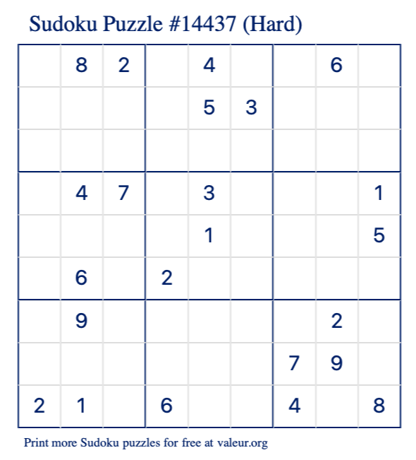 Free Printable Hard Sudoku Puzzle number 14437