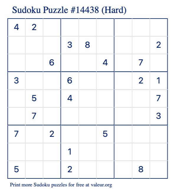 Free Printable Hard Sudoku Puzzle number 14438