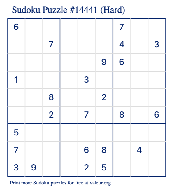 Free Printable Hard Sudoku Puzzle number 14441