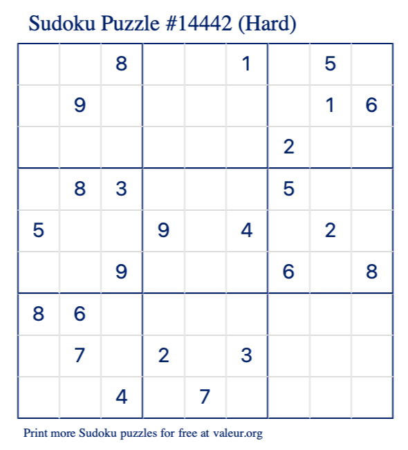 Free Printable Hard Sudoku Puzzle number 14442