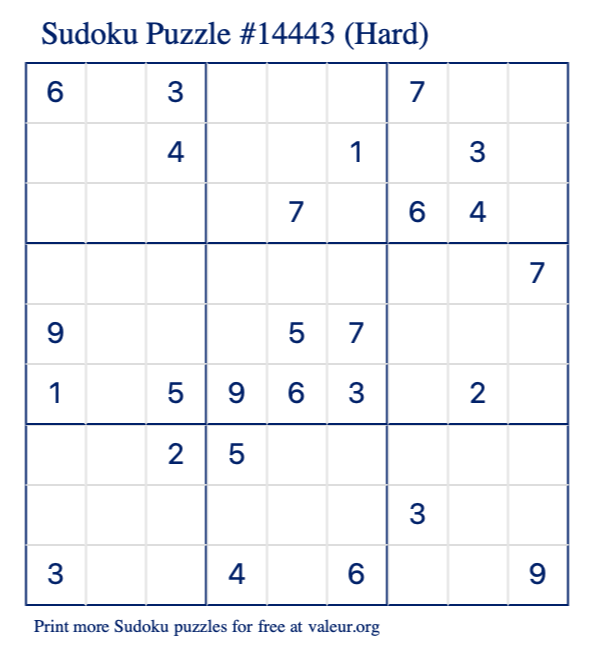 Free Printable Hard Sudoku Puzzle number 14443