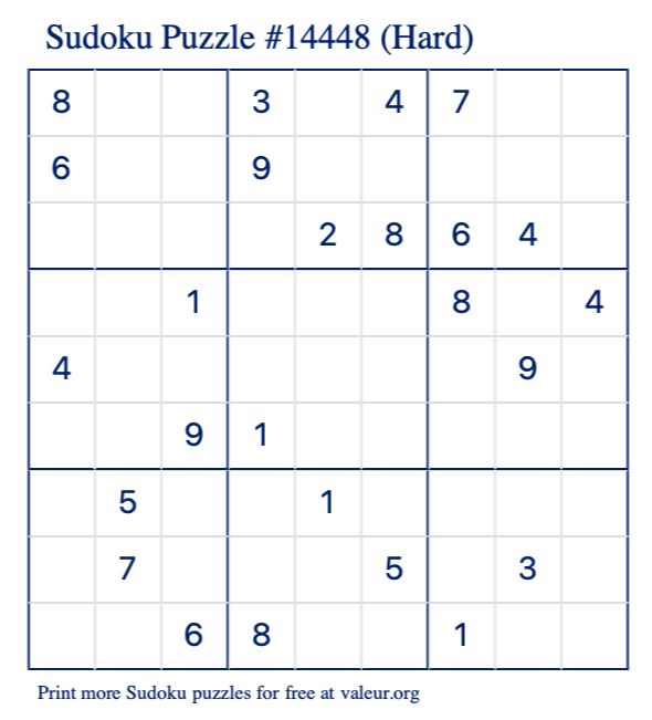 Free Printable Hard Sudoku Puzzle number 14448