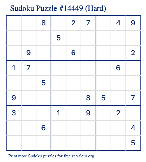 Free Printable Hard Sudoku Puzzle number 14449