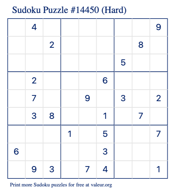 Free Printable Hard Sudoku Puzzle number 14450