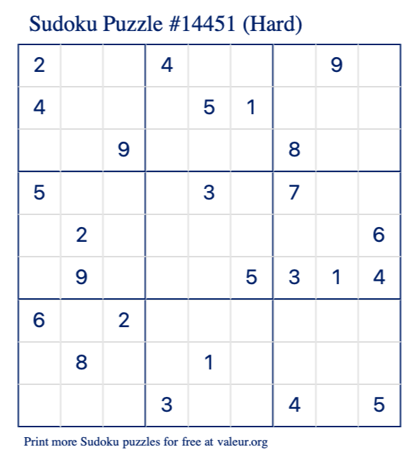 Free Printable Hard Sudoku Puzzle number 14451