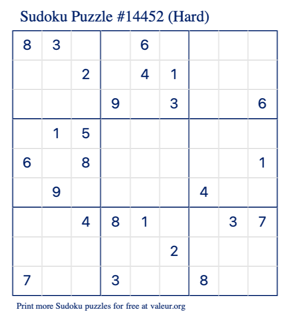 Free Printable Hard Sudoku Puzzle number 14452