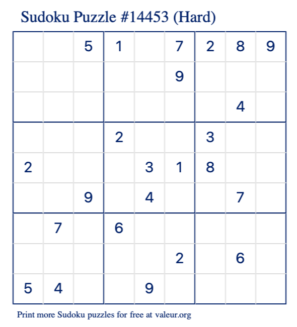 Free Printable Hard Sudoku Puzzle number 14453